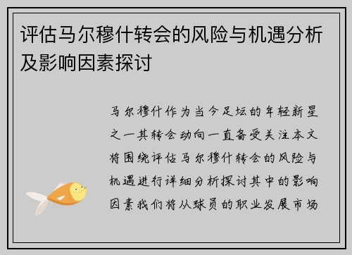 评估马尔穆什转会的风险与机遇分析及影响因素探讨 评估马尔穆什转会的风险与机遇分析及影响因素探讨