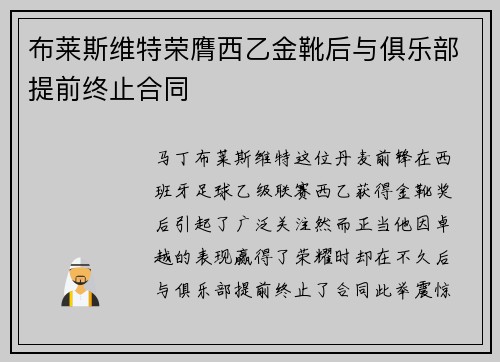 布莱斯维特荣膺西乙金靴后与俱乐部提前终止合同
