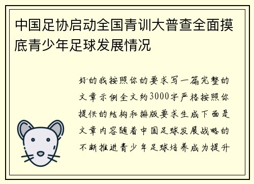 中国足协启动全国青训大普查全面摸底青少年足球发展情况